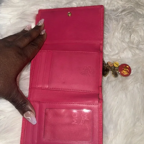 Authentic MCM Pink Leather Studded LogoMotifs Trifold Wallet with keychain EUC